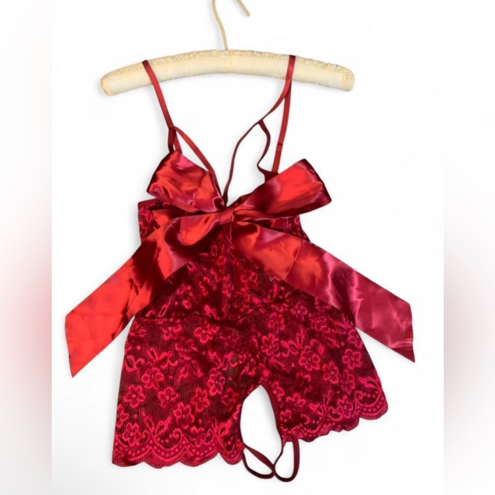 Red Lace lingerie with Bow burgundy lace one piece